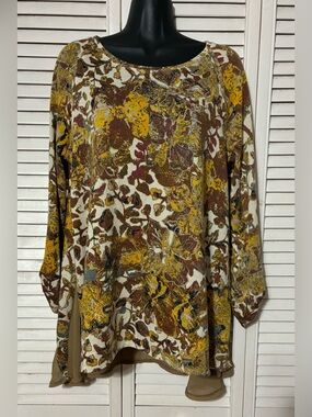 John Mark Med flared Floral Print Dolman Sleeve Top in Mustard, Brown & Cream